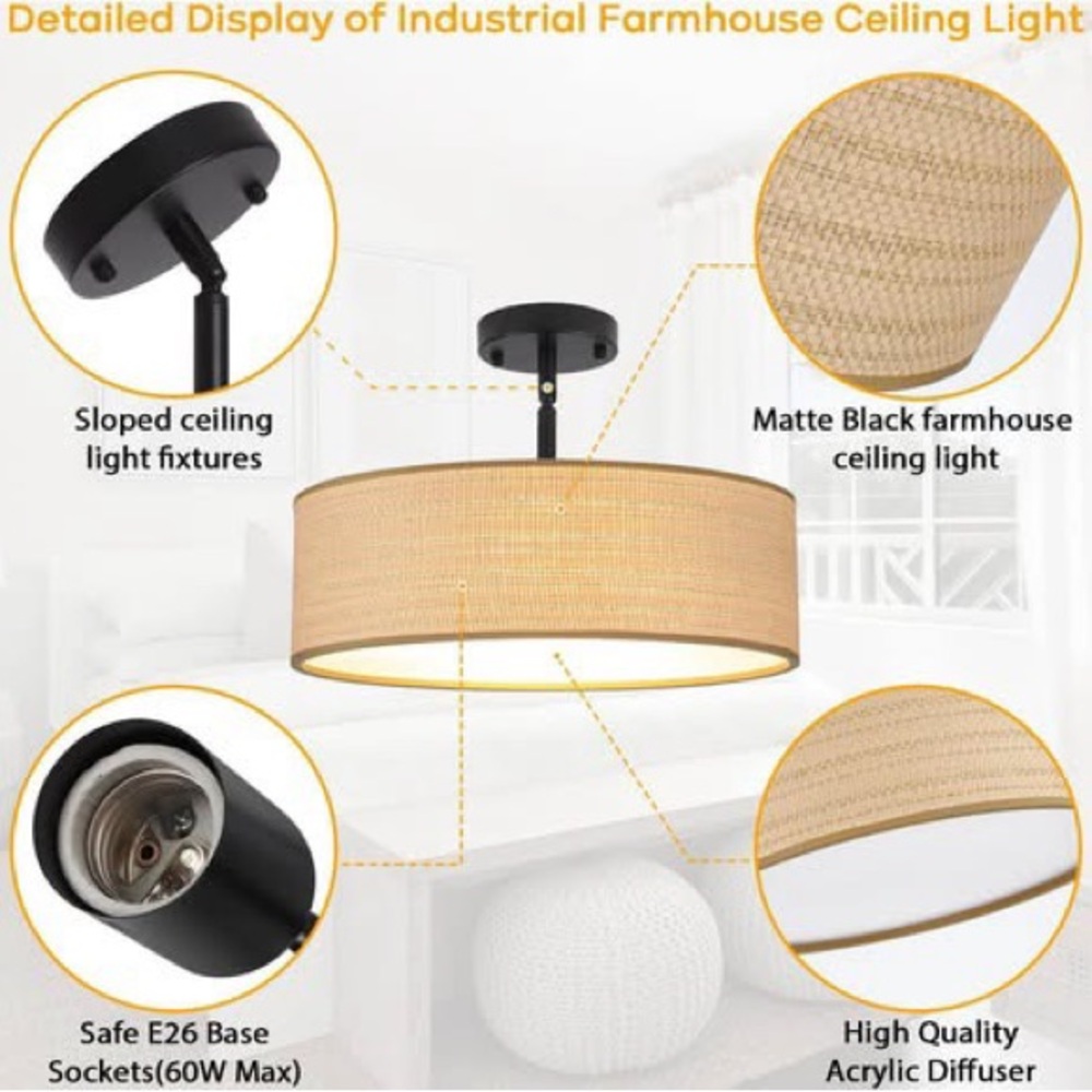(NEW) Boho Rattan Drum Ceiling Light Fixture 18”x5” HOME DECOR